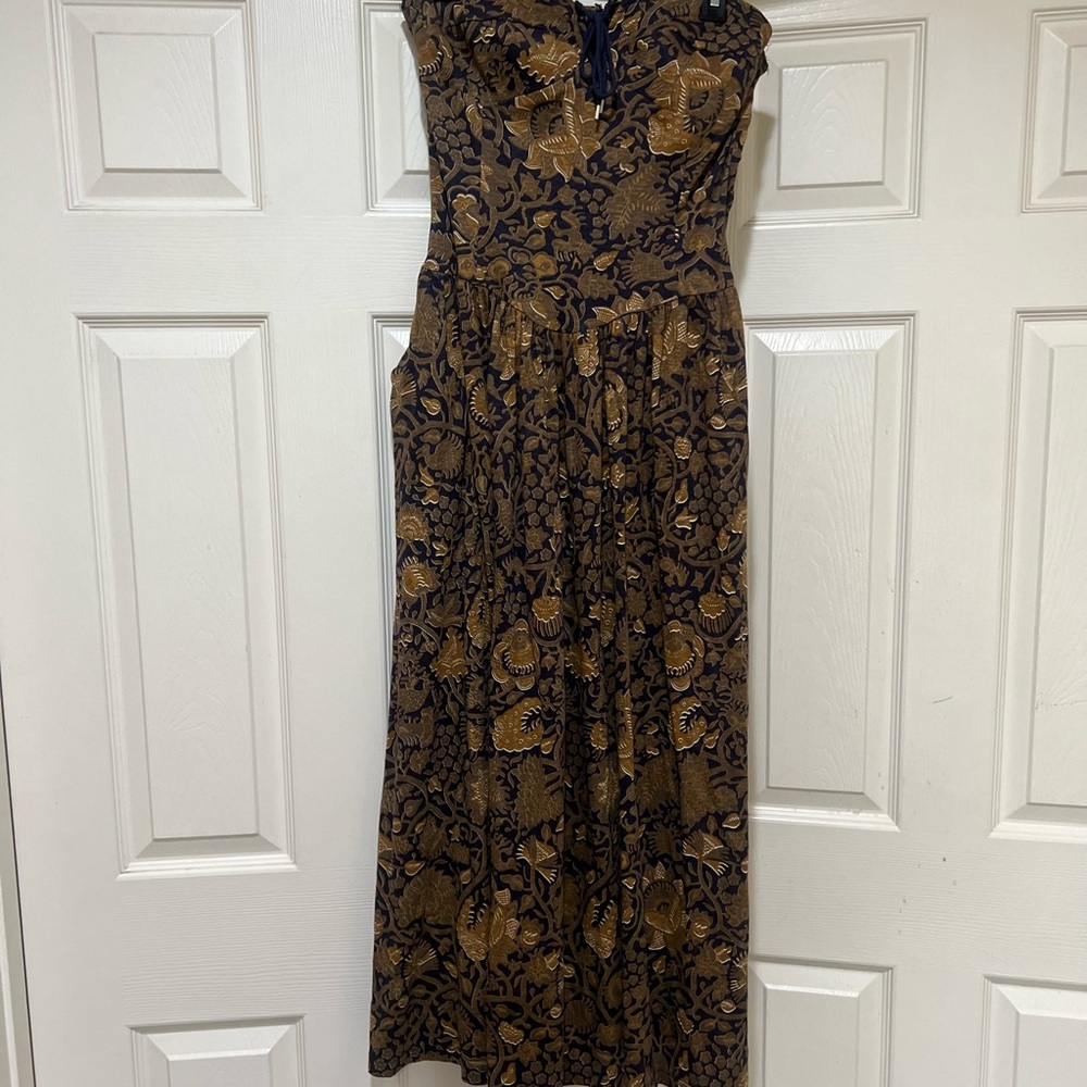 VNTG Claudine Bueché brown strapless floral cotton couchette pockets dress sz 10 - Picture 2 of 15